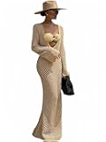 Women's Crochet Swimsuit Cover ups Long Sleeve Knit Beach Dress Hollow Out Backless Vacation Outfits Sexy Beachwear
