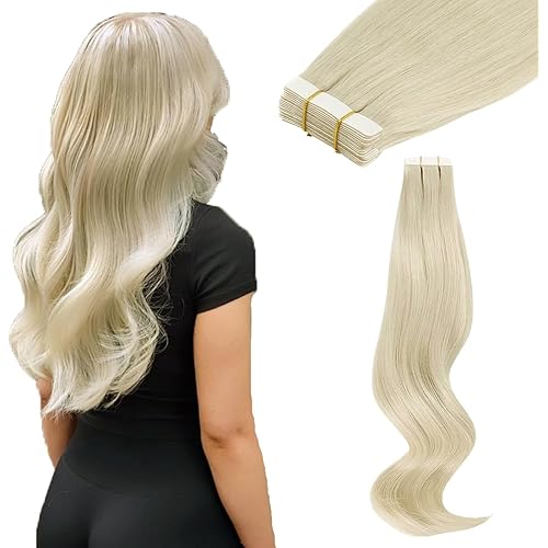ABH AmazingBeauty Hair 18 Inch White Blonde Invisible Tape in Extensions - Real Human Hair, Color 1000 Ice Blonde, 20Pcs 50G