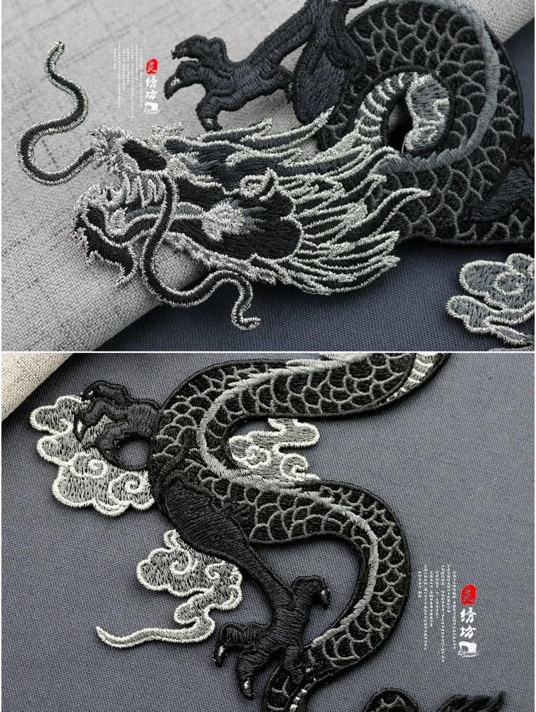 Locomo Large Chinese Dragon Sew On Patch Pair Back Patch Embroidery Big Notion Applique Motif for Jacket Dress Gown Pant Biker Rider Decoration