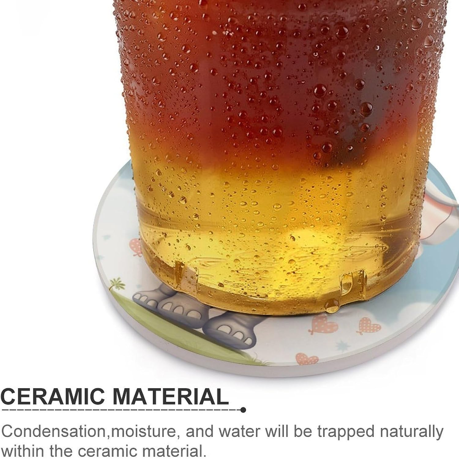 6PCS Cute Elephant Coasters Non-Slip Round Drink Coasters with Ceramic Stone and Cork Base, Heat Resistant Absorbent 33.00Stone Coaster Set for Kinds of Mugs and Cups, 4 Inch