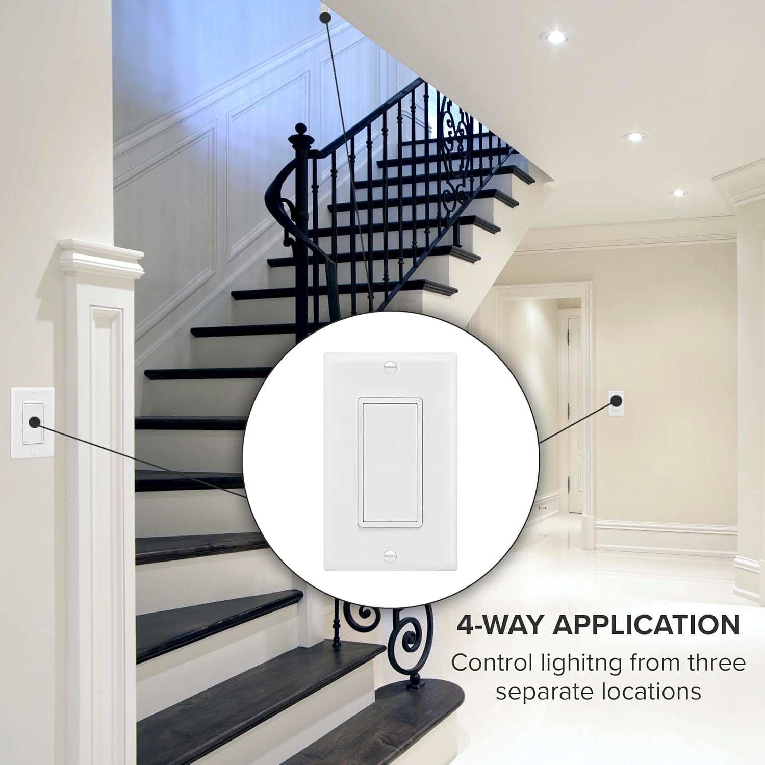 Maxxima 4-Way/Single Pole Decorative Wall Light Switch 15A On/Off Soft Touch Rocker Light, Paddle Wall Switch Replacement, Perfect for Household Lighting, Wall Plates Included - 4 Pack