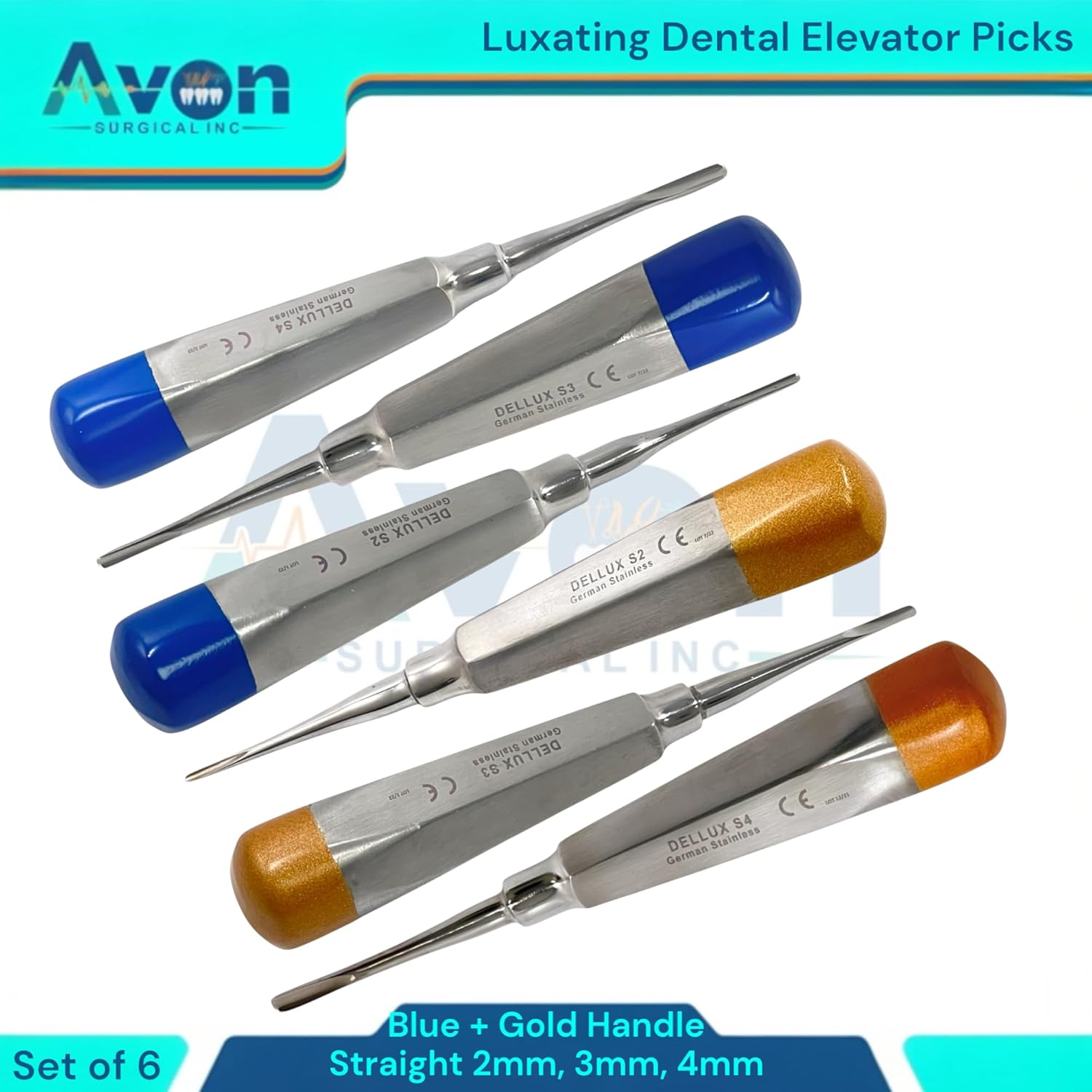 Luxating Apical Root Elevators with Straight Tips, 2mm+3mm+4mm, Gold & Blue Hollow Handles - Tooth Extraction - German Stainless Steel - 6pcs Kit