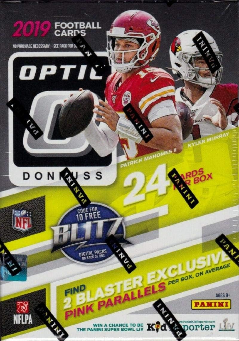 2019 Donruss Optic NFL Football Sealed Blaster Box containing 6 packs of 4 NFL cards Chase Rookie Cards of Kyler Murray, Daniel Jones, Drew Lock and Josh Jacobs. Exclusive Pink Parallel Rookies in each box