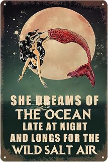 Mermaid Metal Tin Sign Mermaid Wall Art Decor Ocean Lover Gifts Mermaids She Dreams Of The Ocean Sign Mermaid Moon Tin Signs Bathroom Decor Vintage Mermaid Poster Beach Wall Art Home Decor 8x12 Inch