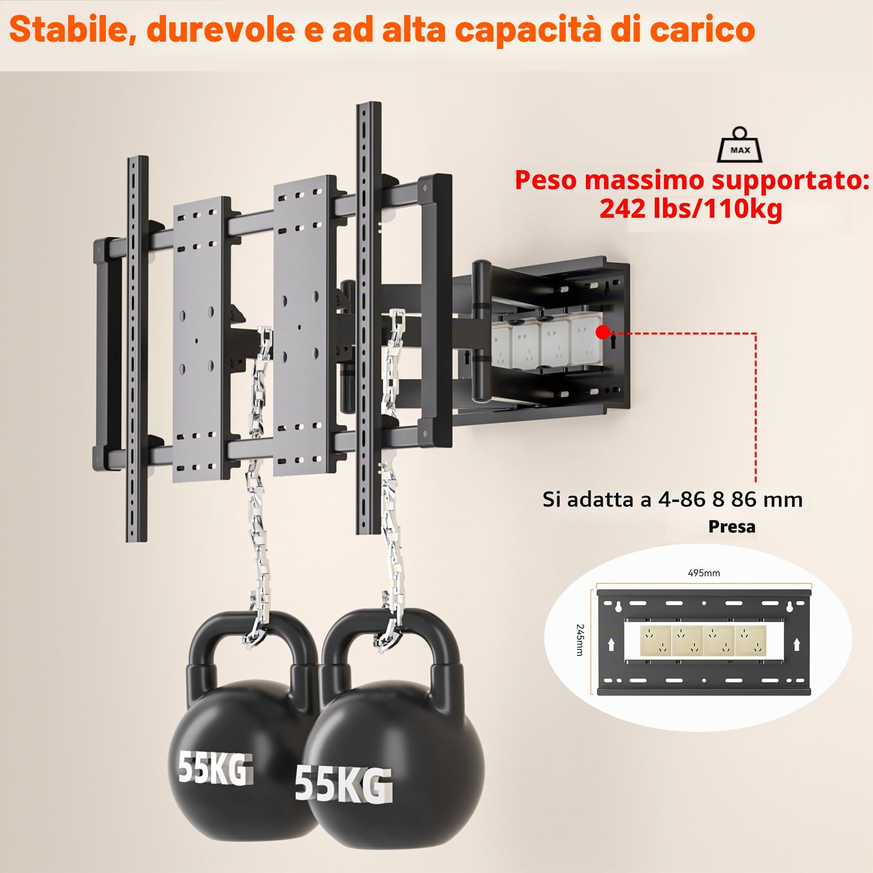 Supporto TV Parete 50-120 Pollici fino a 110kg, Staffa TV Inclinazione, Rotazione, Girevole, Estensione, livellamento, Supporto TV Doppio Braccio Articolato, Preassemblato Max VESA 1000x600