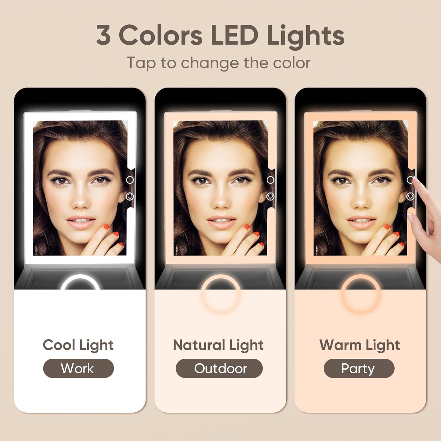 GURUN Adjustable Height Portable Folding Travel Makeup Mirror with 3 Colors Light 10X Magnification 2000mha Rechargeable Tabletop Vanity Mirror Brightness Adjustable M3003-2000