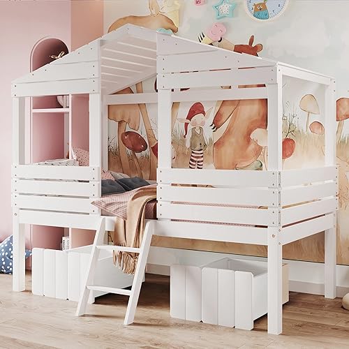 Elegante cama de casa con 2 cajones y techos cama alta baja de madera de tamaño individual con barandilla de seguridad y escaleras para niños