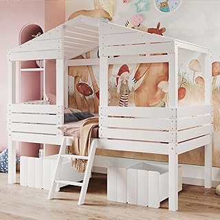 Bellemave House Twin Bed for Kids, Low Loft Bed with 2 Storage Drawers, Wood Twin Kids Loft Bed with Roof and Windows, Playhouse Bed for Boys Girls, No Box Spring Needed, White