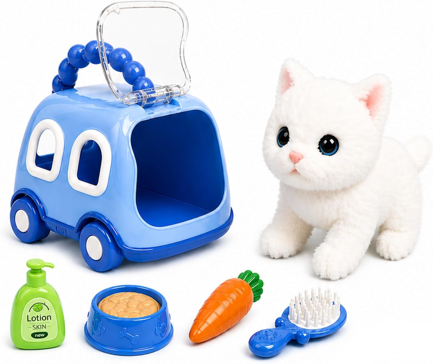 Oyuncak Sesli Işıklı Yürüyen Hareketli Köpek Kedi Tavşan Taşıma Çantalı Aksesuarlı Set Taşınabilir Çanta Emekleme Oyuncağı Aksesuarlı Çocuklar İçin Eğitici Hayvan Sevgisi (Mavi-Kedi)