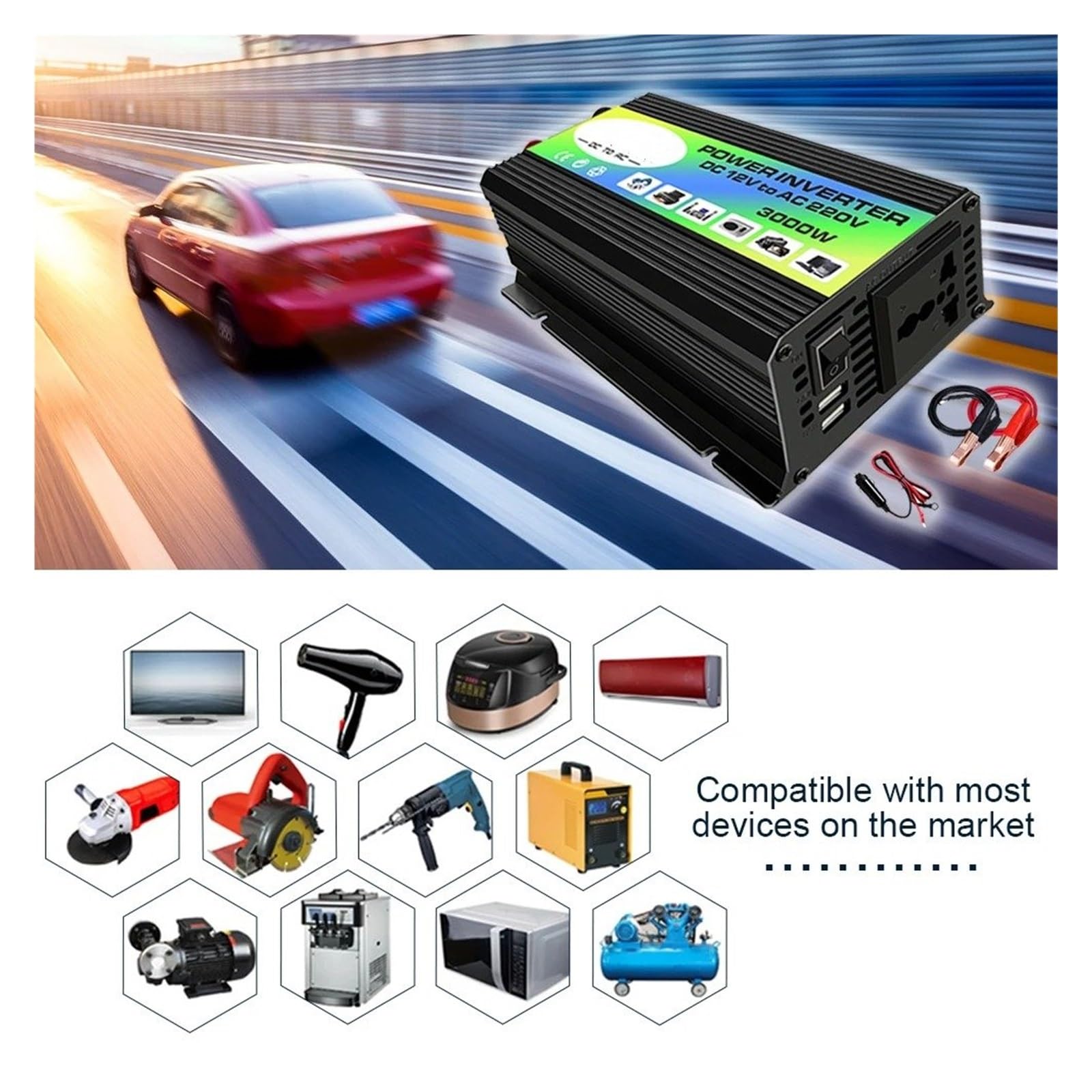 Convertidor 600 W CC A CA 12 V220 V/110 V/230 V Portátil para Coche Cargador Adaptador Transformador Accesorios para El Hogar Portátil(Black 12v to 110V)