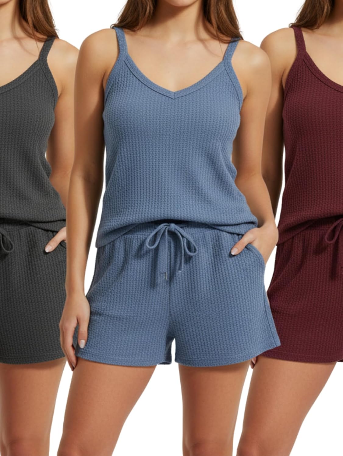 SEGT Women's 3 Sets Waffle Sleeveless Crop Top and Tie Front Shorts Pajamas Lounge Set Soft Breathable Sleepwear - Image 2