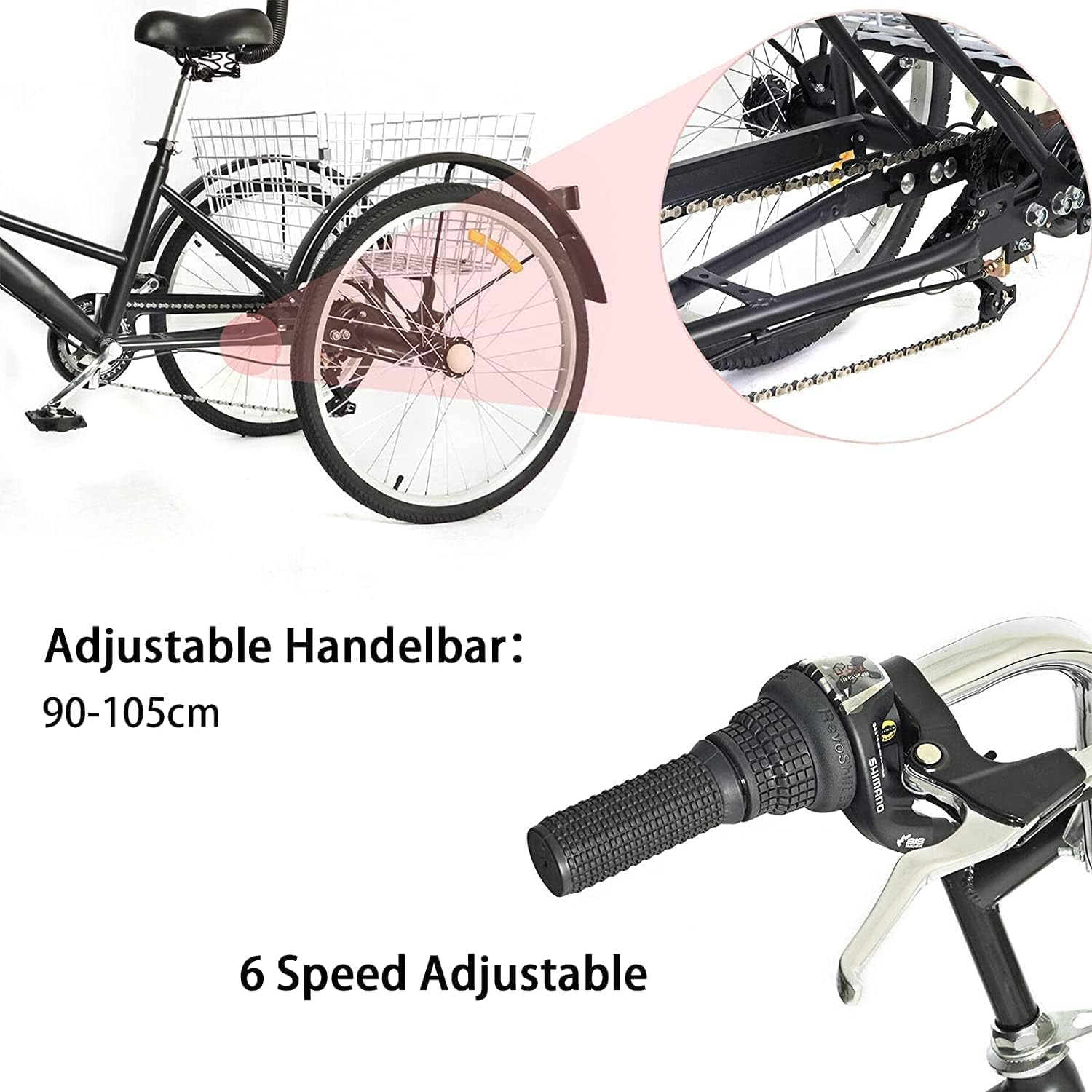 24 Zoll Dreiräder Erwachsene mit 2 Korb - 7 Gang Dreirad für Erwachsene120KG Last Höhenverstellbar 3 Räder Fahrrad Cityräder Cruise Einkaufsrad für Senioren Frauen Ältere(Schwarz)