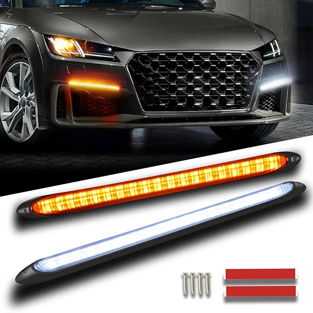 Qasim Car DRL Daytime Running Lights Strip Waterproof 12V Motorcycle Headlight Sequential Turn Signal White Yellow Flow Day Light 2Pcs (27.5CM)