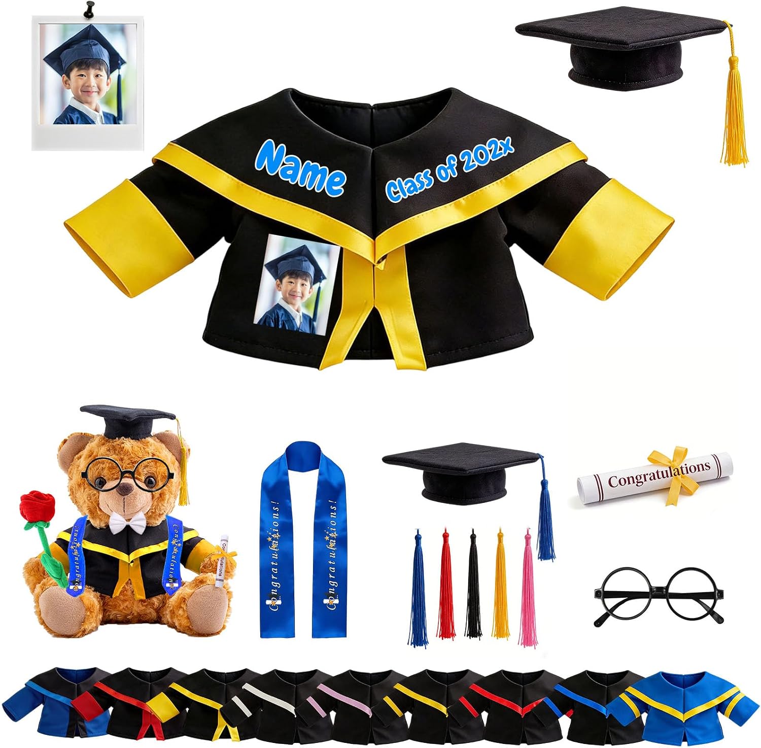 Personalized Graduation Teddy Bear Clothes with Name Photo, Custom Graduation Stuffed Animal Clothing Fit 8-16inch Stuffed Bear Clothes, Custom Doll Clothing Make Your Own Plush Doll Shirt