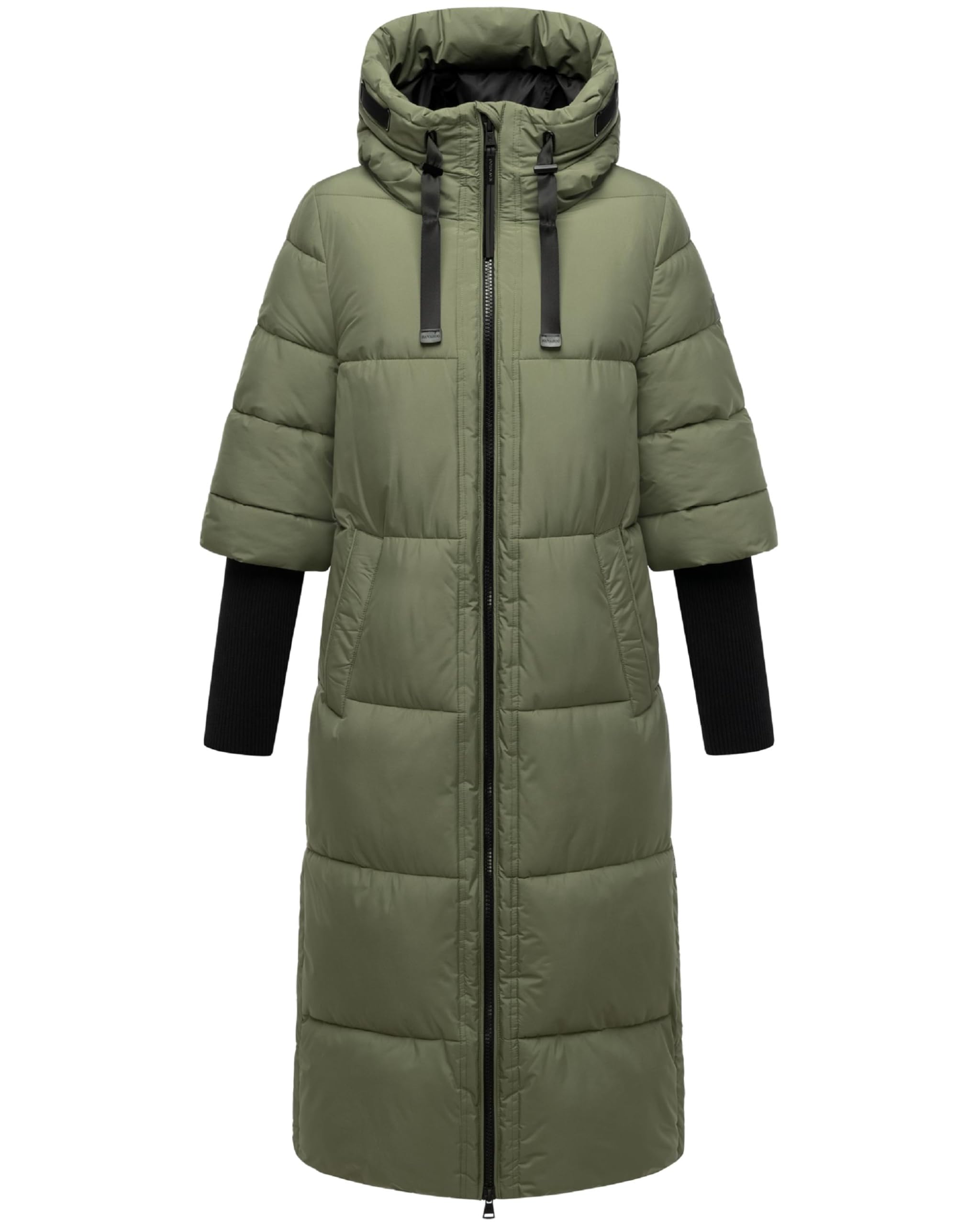 Navahoo Women's Olive Leaf Long Winter Coat, Warm Quilted Coat With Hood And Ribbed Knit Sleeves Ciao Miau Xiv Xs-3Xl, Xs