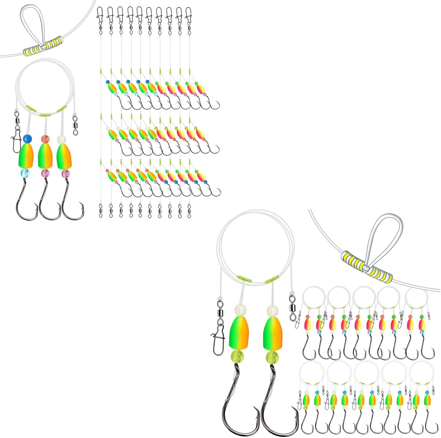 Dovesun Pompano Rigs for Surf Fishing Unique T-Knot Strong Pre-Rigged Surf Fishing Rigs with Three Circle Hooks 10PCS + Bullet Float(2colors)*2/0 Hook*10PCS
