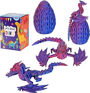 3D Printed Flying Dragon in Egg Flexible Winged Dragon Inside Mystery Dinosaur Egg, Articulated 3D Printed Animals Fidget Toy,Birthday Gift for Kids Desk Figure Decor