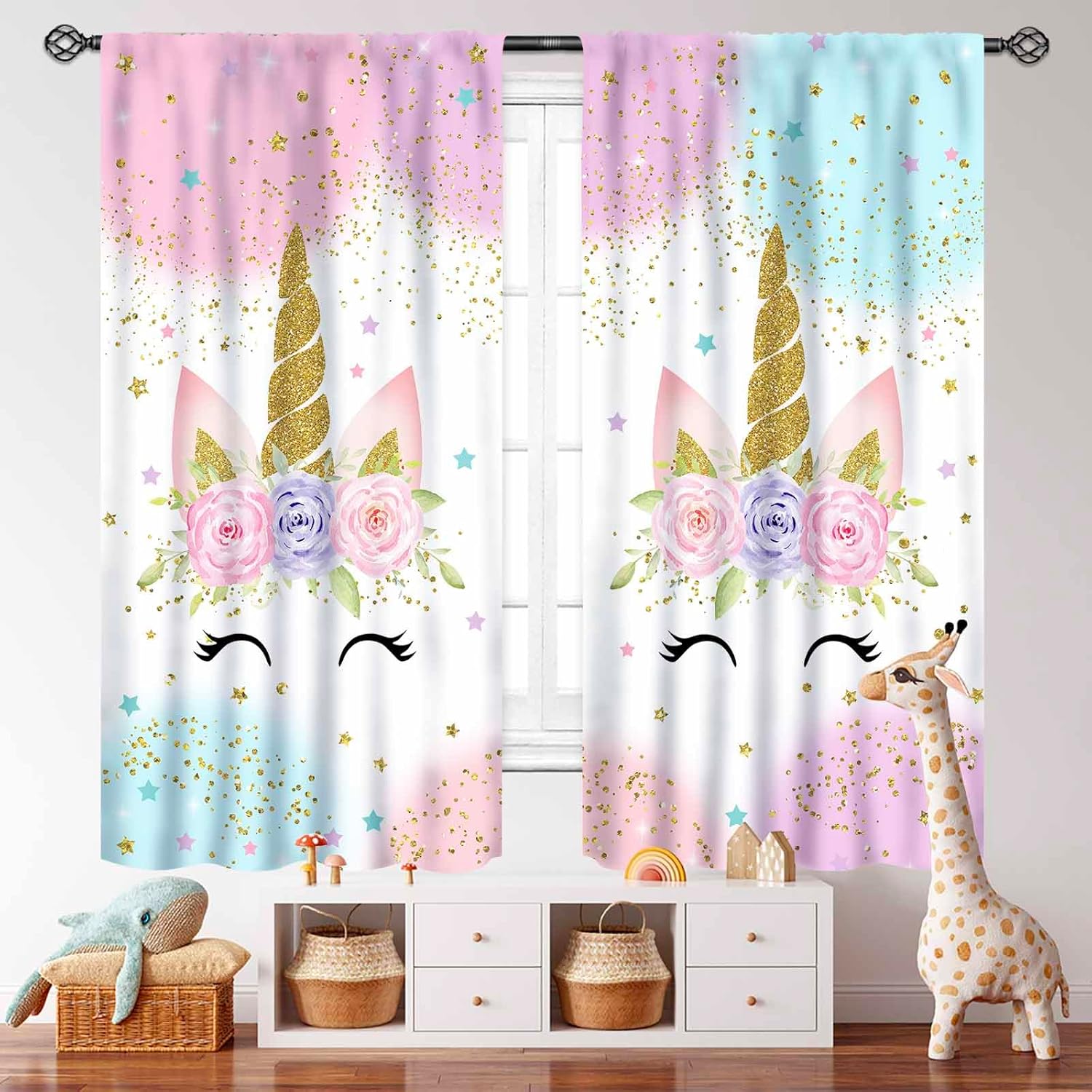Unicorn Curtains for Girls Bedroom,Pink Fantasy Rainbow Princess Unicorn Windows Treatments for Girls Kids Baby Room Living Room Nursery Drapes 2 Panels,55X63 Inch