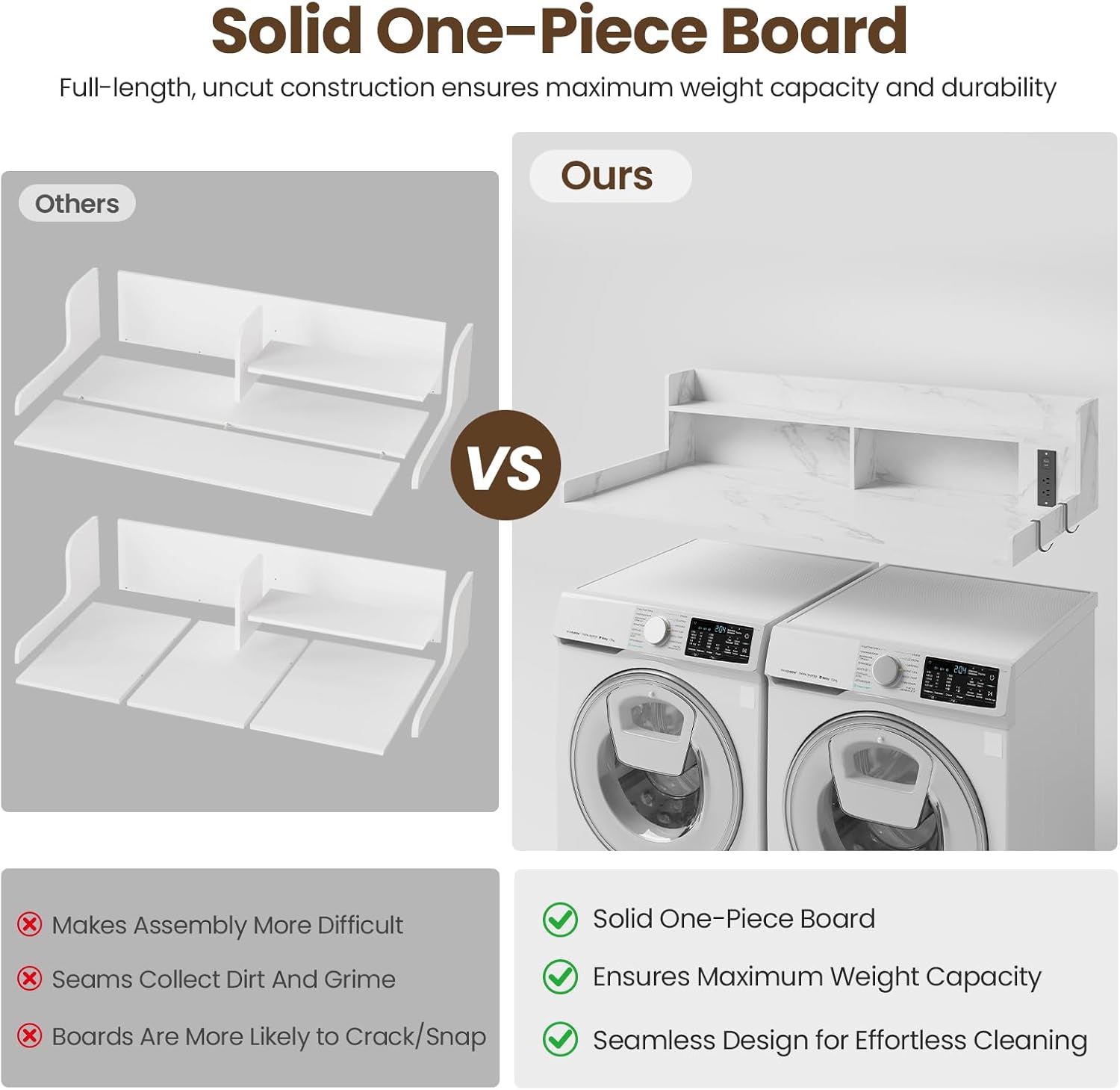 Upgraded 2-Tier Washer and Dryer Countertop with Power Outlet,54" W x 27.6" D Large Laundry Countertop for Fold Clothes, Laundry Topper with Non-Slip Pads & Metal Hooks and Storage Basket