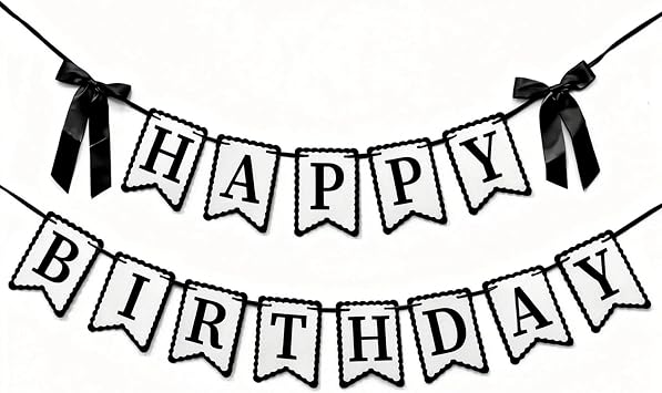 Happy Birthday Banner with Satin Bows, Bow Birthday Decorations with Cardstock Letters for Wall, Cake Table and Photo Backdrop, Black