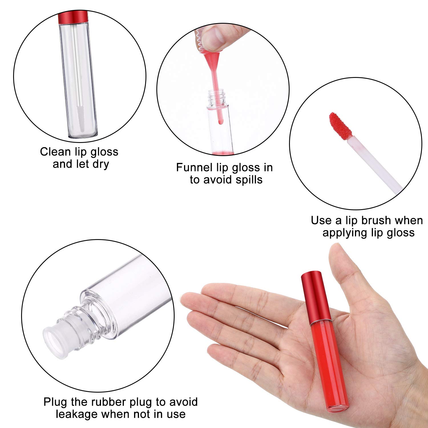20 Pieces 10ml Lip Gloss Tubes Empty Lip Gloss Containers Clear Lip Balm Bottle with Rubber Stoppers and 2 Pieces Funnels for Women Girls DIY Tool (Red)