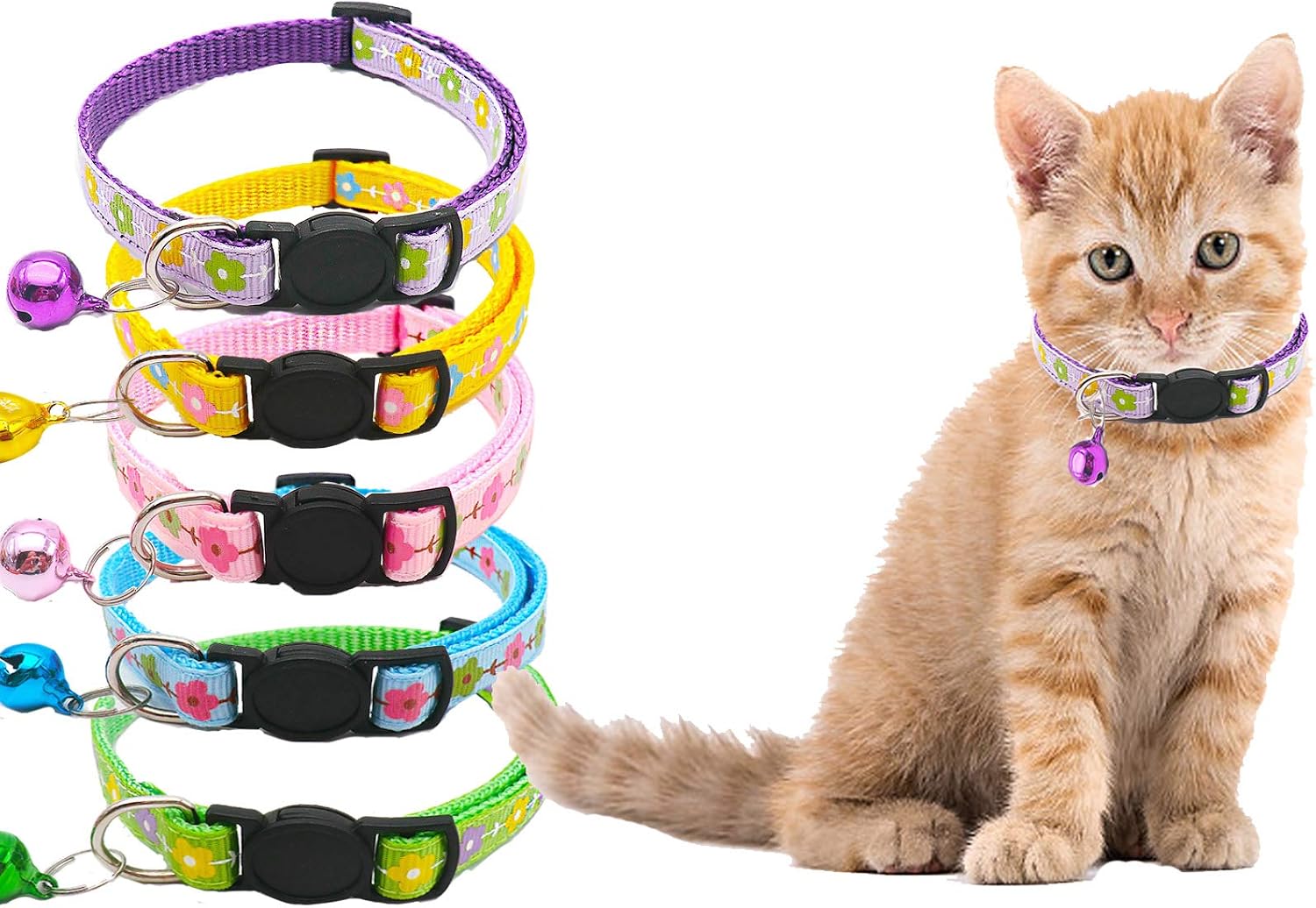 ROLLMOSS 5 Pieces Cat Collar with Bells, Mixed Colors Kitten Collar with Bell Breakaway Cat Collar, Adjustable Kitten Collars for Cats…