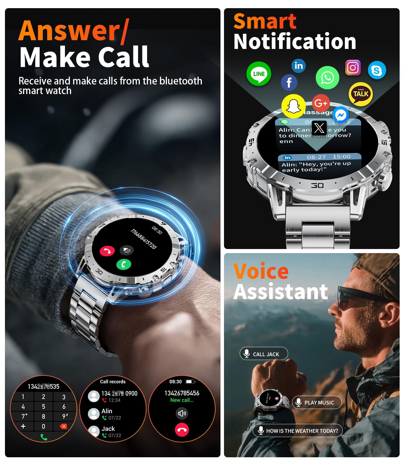 SUNKTA Montre Connectée Homme 1000 mAh Grande Batterie 1,7″ HD Bluetooth appels Smartwatch Homme pour iOS Android Lampe LED,Surveillance de la santé,moniteur de sommeil,3 bracelets,2 chargeurs,Argenté