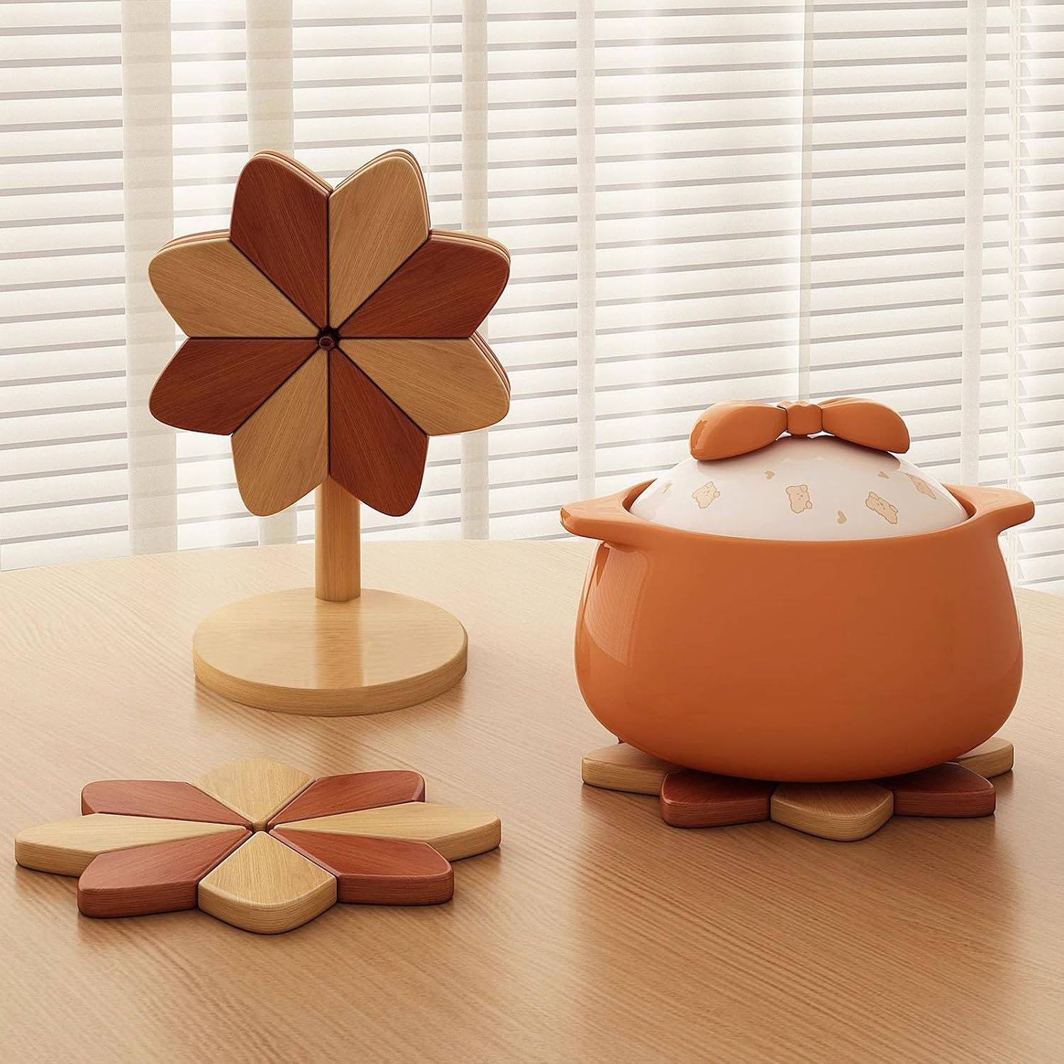 2 Decorative Heatproof Wood Trivet with Nonslip Base for Dining Table Pots & Pans Storage Kitchen Trivet Nonslip Table Top Set Kitchen Decoration Organizers