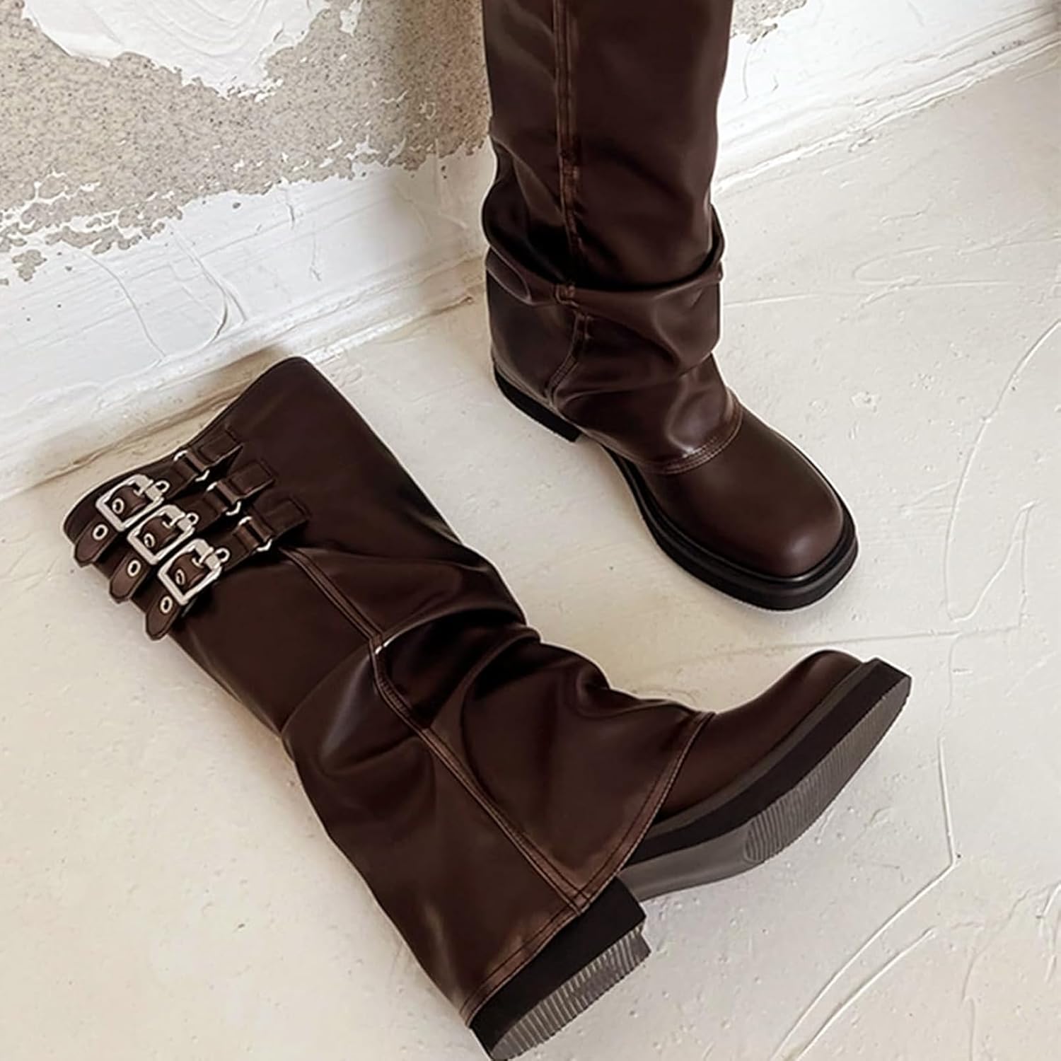 ClassicSter Fold Over Knee High Boots Slouch Boots for Women Chunky Goth Platform Boots,2 inch Heel Wide Calf Long Boots Square Toe Riding Boots - Image 6