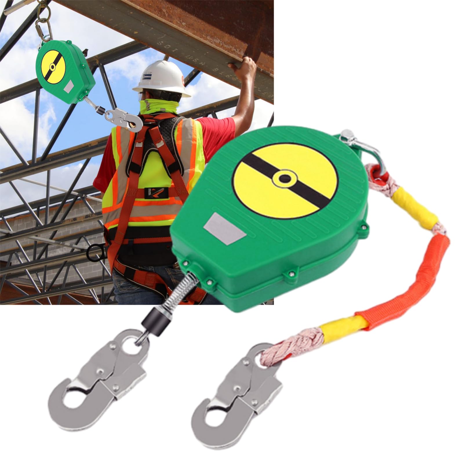 Dispositivo Anticaidas Retráctil Seguridad, 3-20m Linea de Vida Retractil Homologado 150kg, Verde/Amarillo Arnés Seguridad Anticaídas Retráctil Trabajos en Altura/ Tejados(Verde,10 metros)