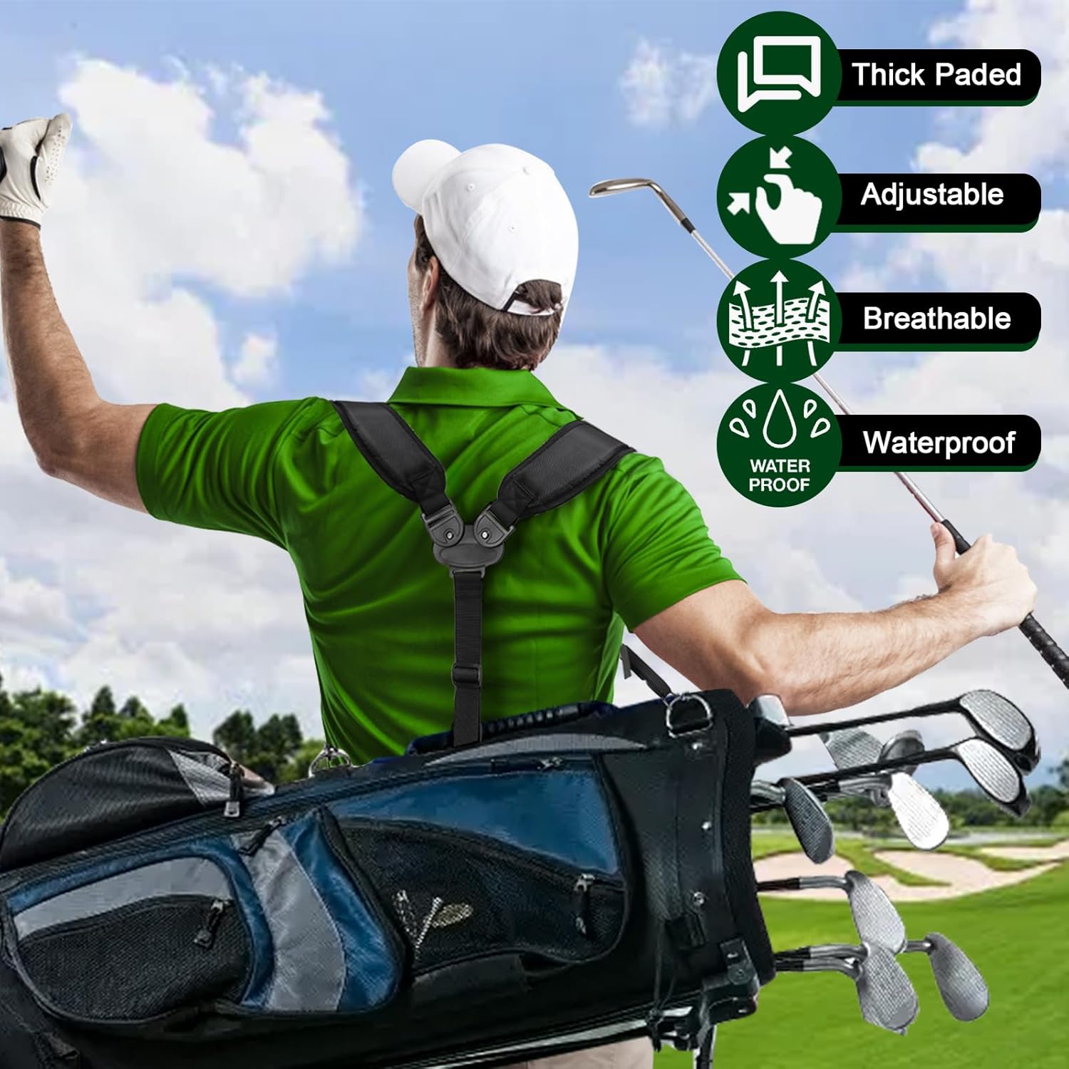 Bekith Golf Bag Straps, Swivel Backpack Straps, Golf Bag Double Shoulder Strap Replacement Comfort Adjustable, Thick Padded Carrying Bag Strap, Black