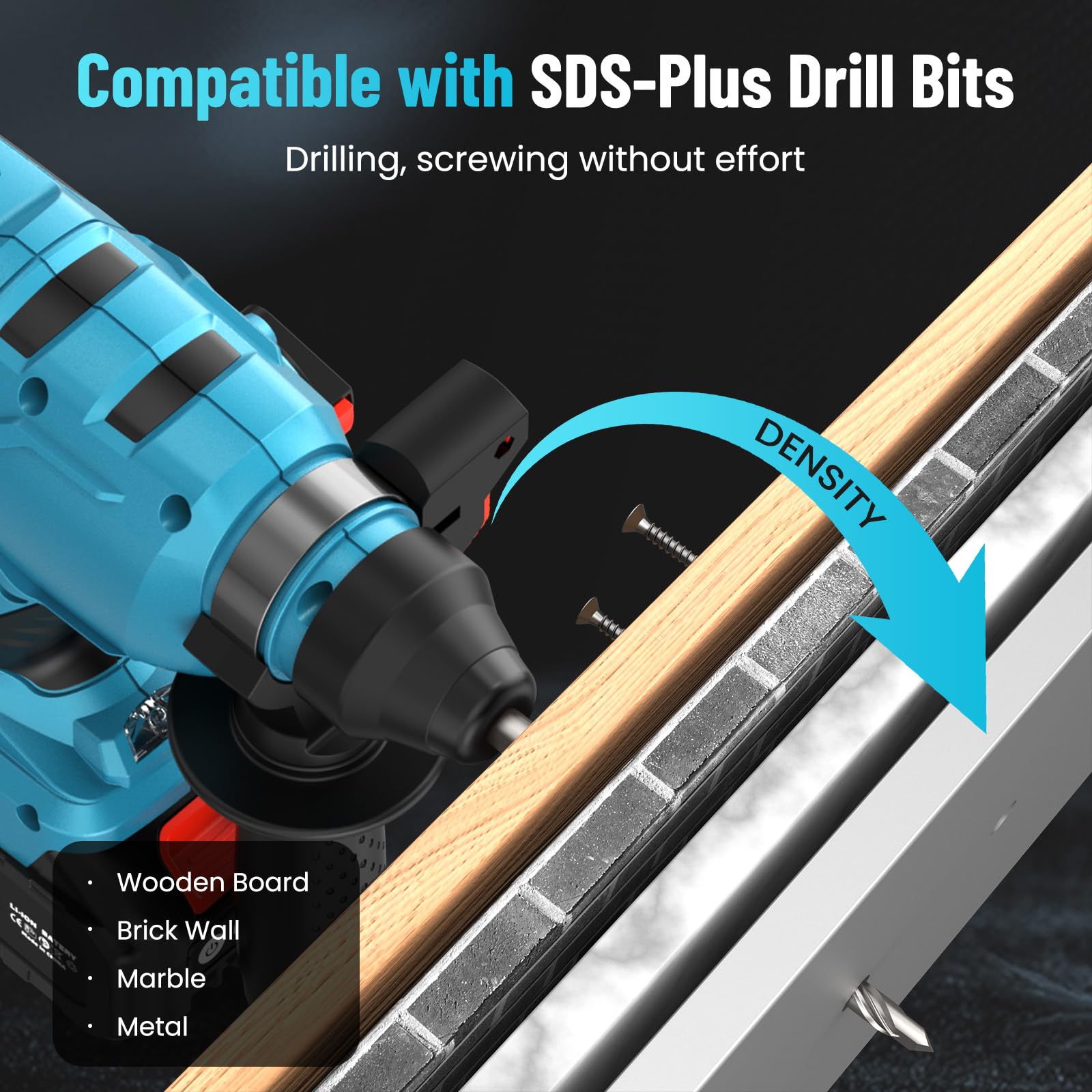 Seesii 4-in-1 Martillo Perforador a Bateria: Energía de Impacto 2,1 J, Motor sin Escobillas, Empuñadura Antivibraciones, Martillo Percutor con Batería 2 * 4,0 Ah, 3 Brocas SDS-Plus y 2 Cinceles