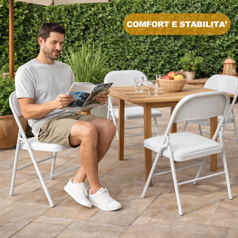 Shally Dogan Set 4 Sedie Pieghevoli con Struttura in Metallo e Seduta in Ecopelle Ergonomica ed Imbottita, Sedia Multiuso da Esterno ed Interno, Ideale per Bar, Ristoranti, Casa, Giardino (Bianco)