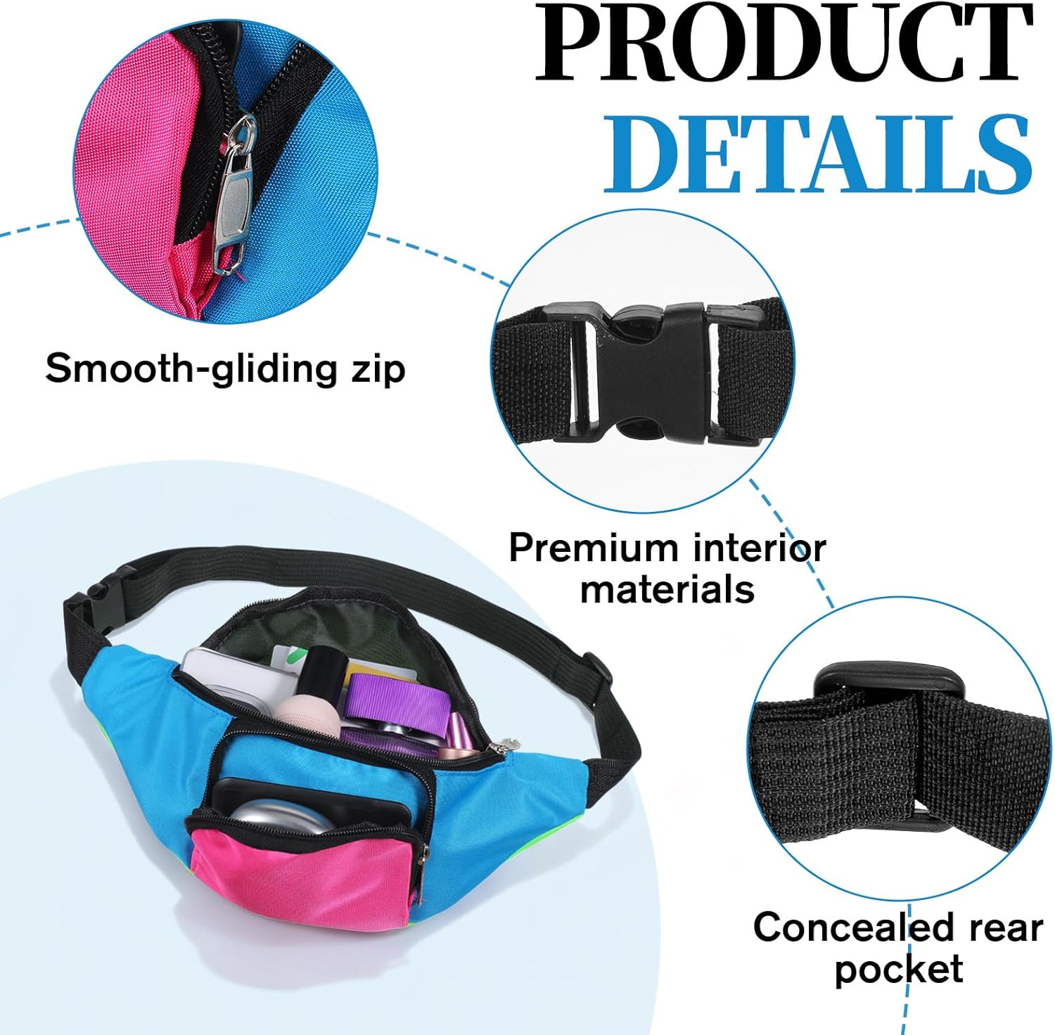 Neon Fanny Pack 80s with 2 Pockets Adjustable Rave Fanny Pack Waist Bag for Women Men, Color Blocked Belt Bag for Festival Travel Party Costume - Image 3