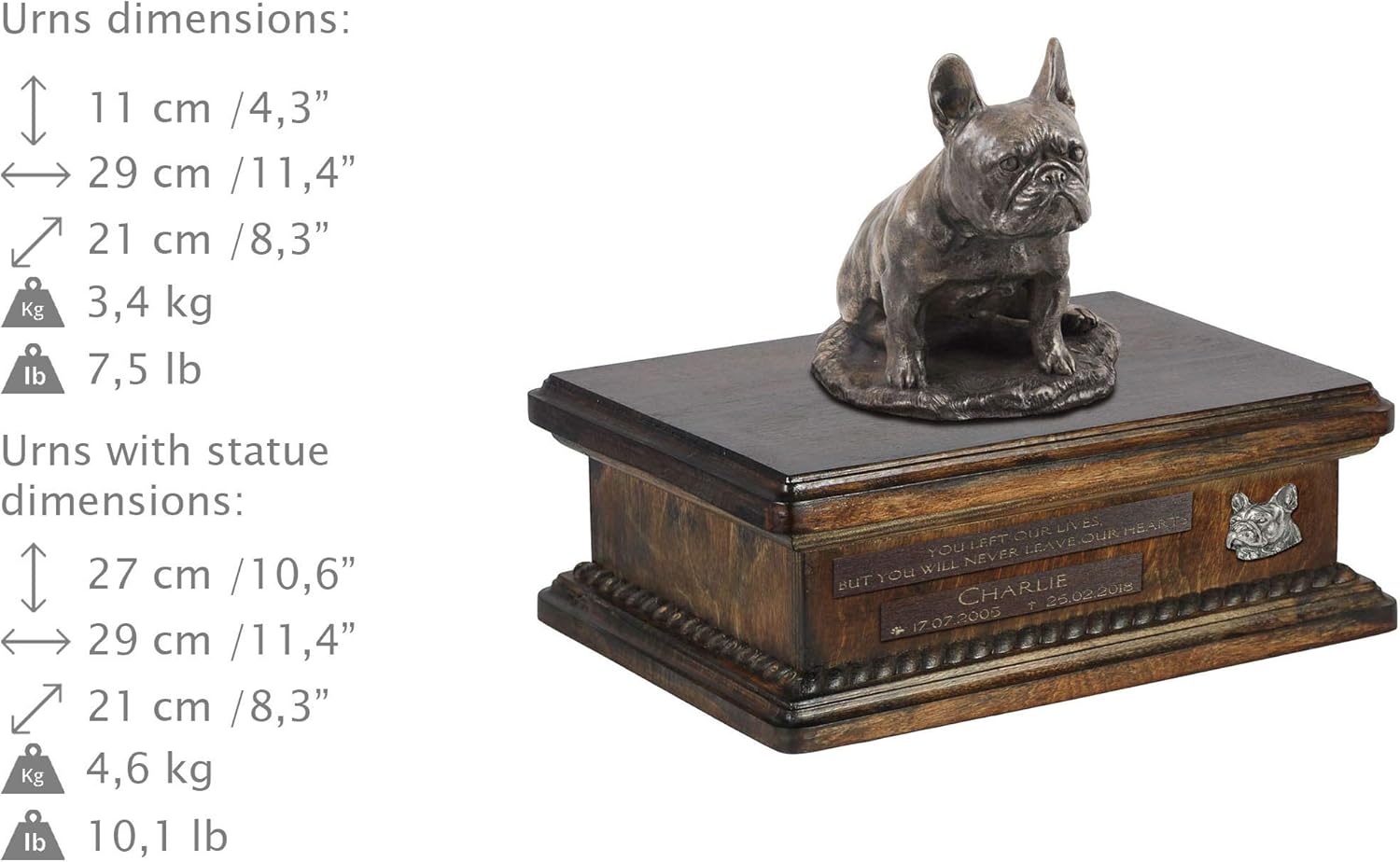 Art-Dog Custom Dog Sitting Statue Memorial Urn - Handmade Cold Cast Bronze on Birch Base – Sturdy and Stylish Urn for Dog’s Ashes – 8.3x11.4x8.7 – 5l – French Bulldog III