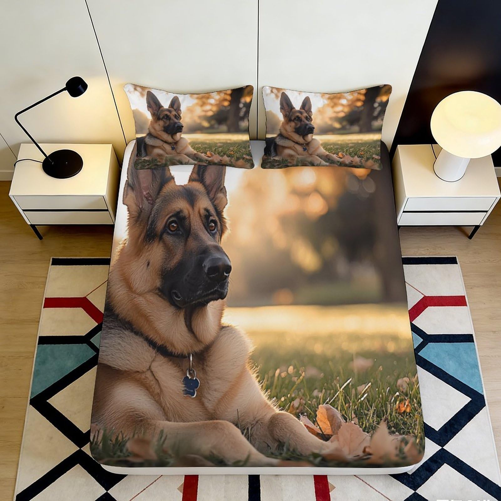 3D Printed German Shepherd Dog Fitted Sheet Microfiber Soft Breathable Autumn Landscape Mattress Cover Bedroom Decor 90x200x25cm