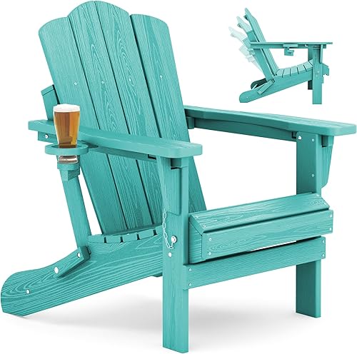 KINGYES Silla Adirondack plegable ajustable, sillas Adirondack reclinables de 3 posiciones con soporte para tazas, HDPE para todo tipo de clima,