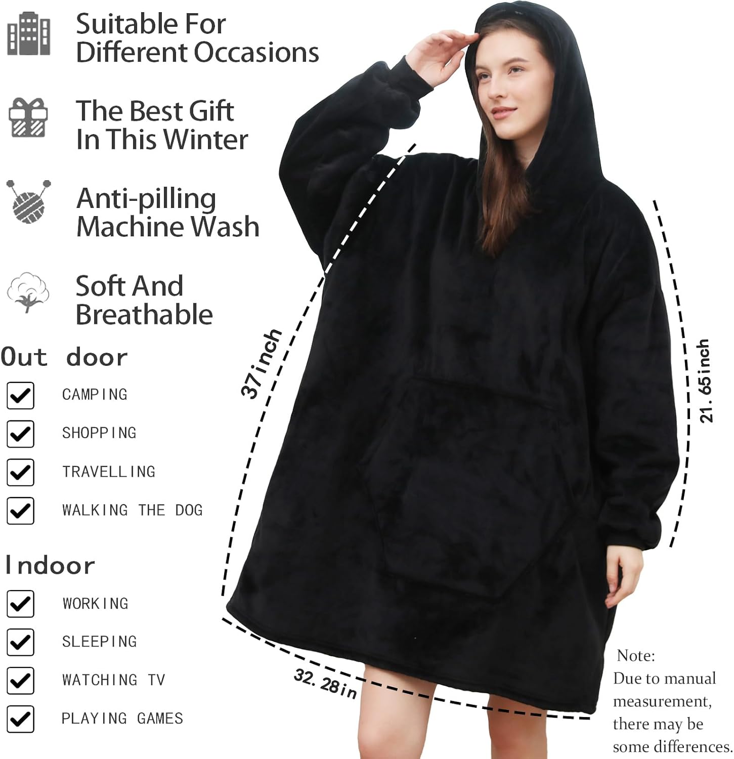 Oversize Wearable Blanket Hood Pocket And Sleeves Warm Comfortable Plush Wearable Blanket Adult Hooded Blanket