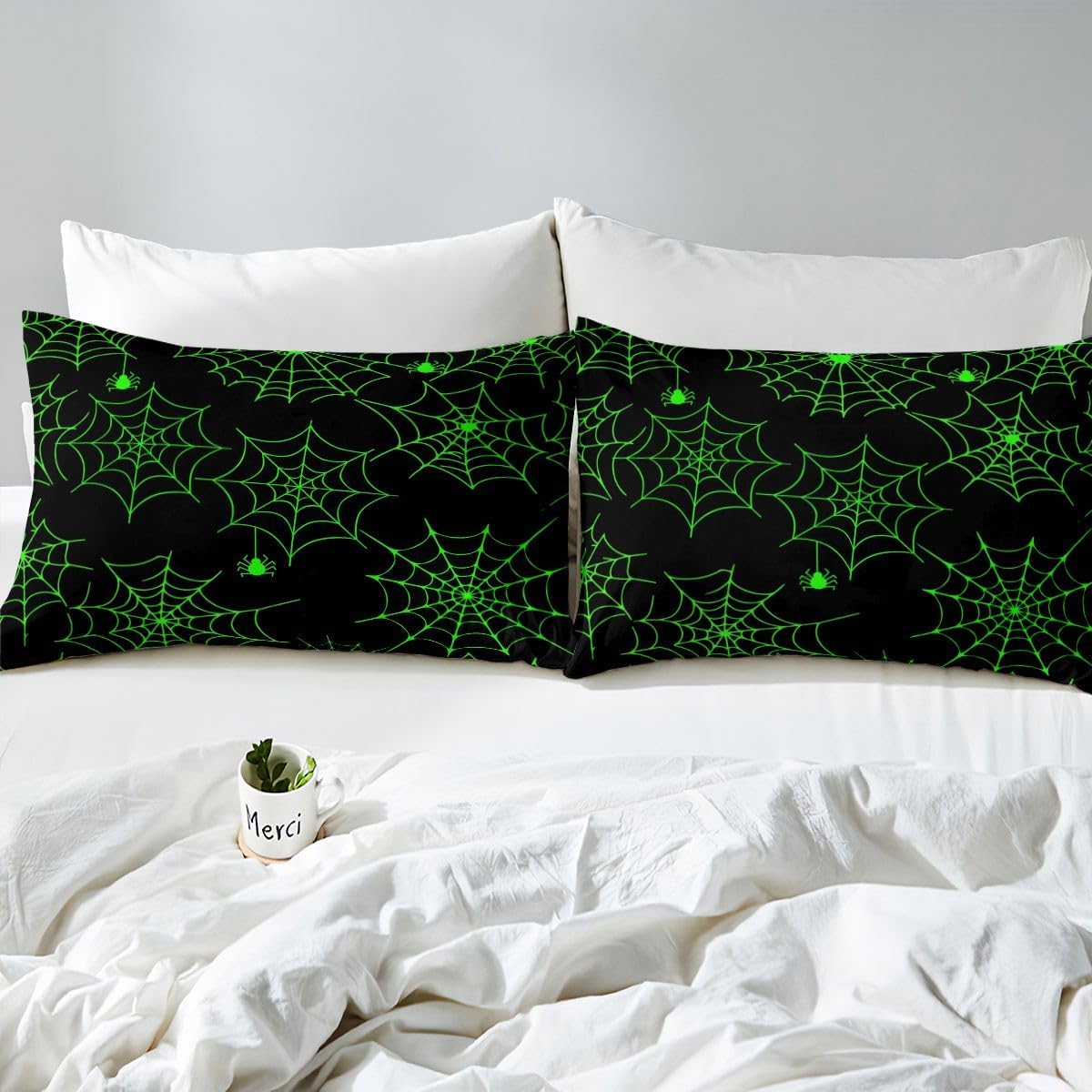 Cartoon Cobweb Bat Fitted Sheet Full, Fluorescent Green Cobweb Bedding Set Horror Theme Bed Sheet Set for Kids Boys Girls Spider Print Bed Cover Kawaii (2 Pillow Cases and a Fitted Sheet)