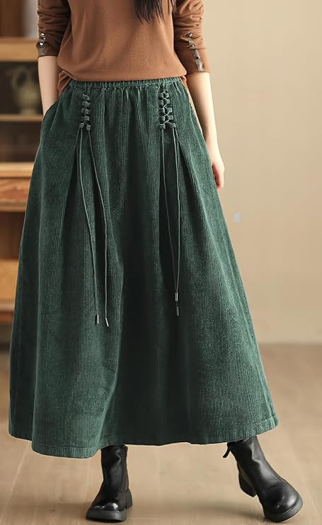 chouyatou Women's Fall Winter Tie Knot Elastic High Waist A Line Corduroy Long Midi Skirt with Pockets