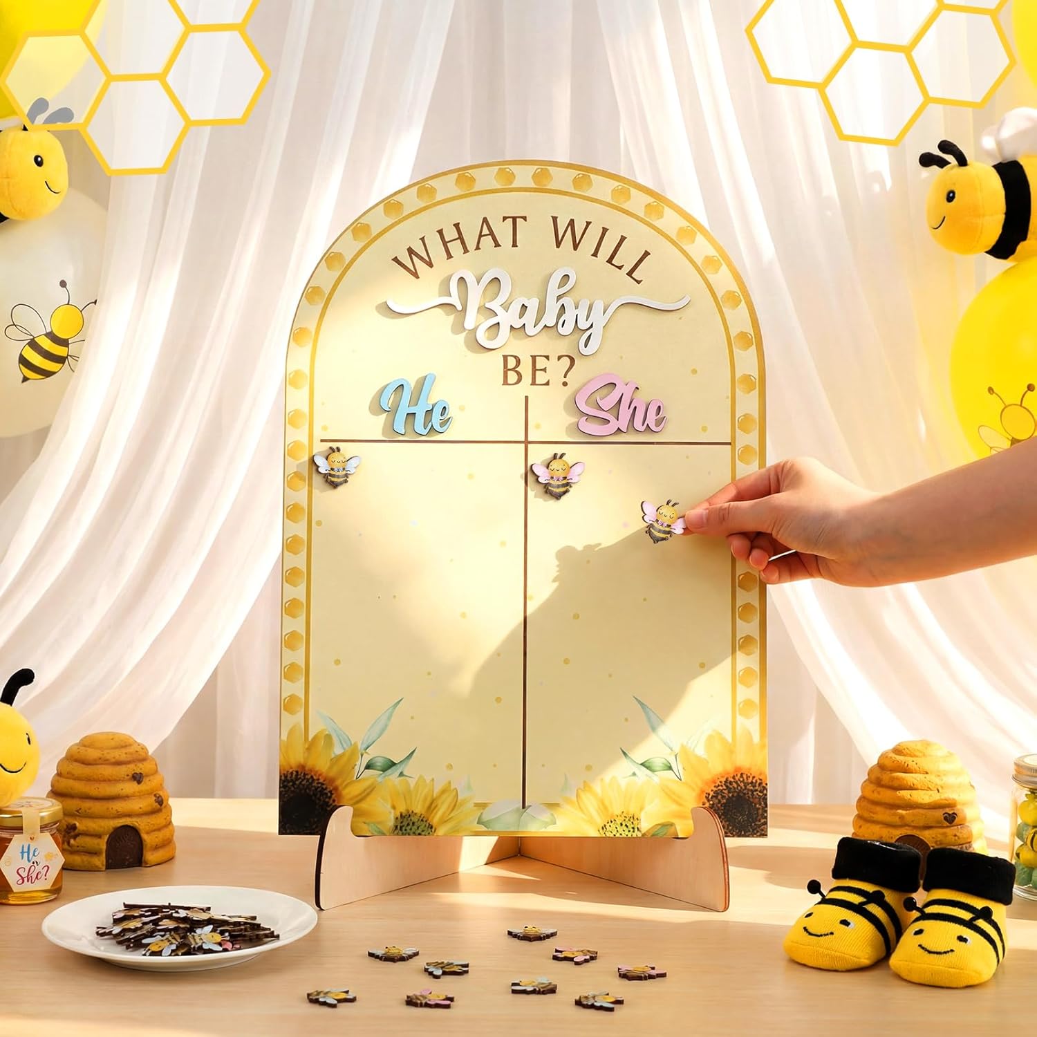 What Will Baby Bee Gender Reveal Decoration Wooden Voting Board Sign with Stand Honey Bee Gender Reveal Game Baby Shower Party Decoration Team Boy or Girl Cast Your Vote Guess Game