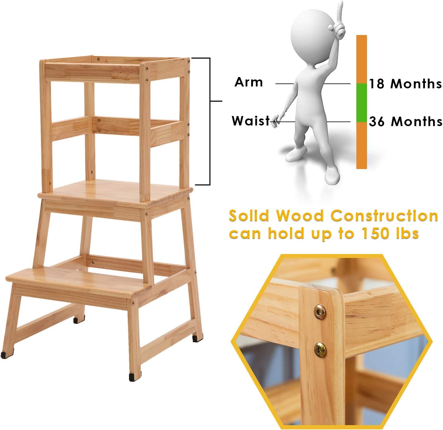 Kitchen Step Stool for Toddlers and Kids with Safety Rails for Kitchen Counter Solid Wood (Natural) : Baby