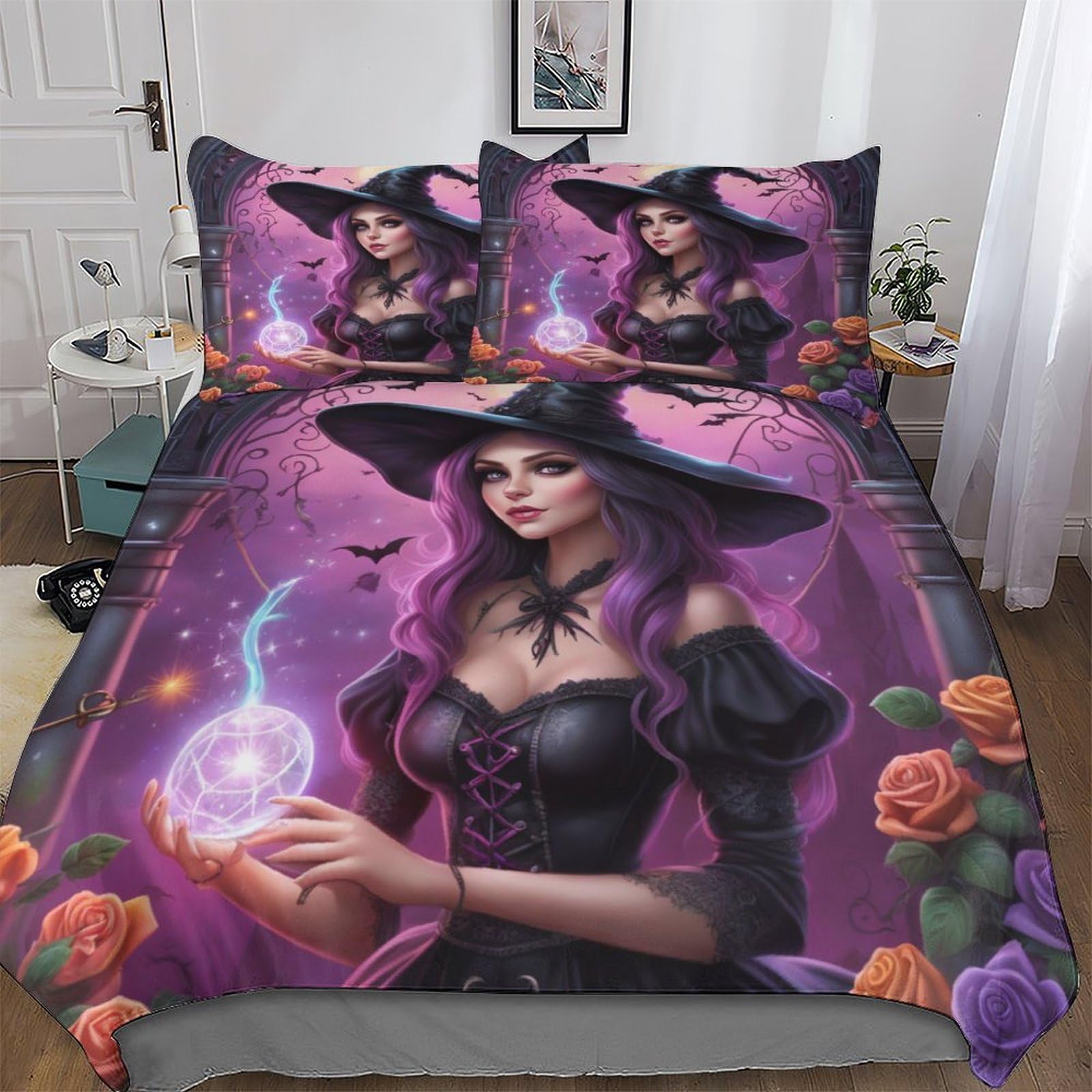 Pazzk Boys Halloween Witch Bedding Quilt Cover 3 Pieces Sets Easy Care Super-Soft Polycotton Comforter Cover Comfortable & Durable Duvet Cover With Pillowcases For Girls Double (200X200cm)