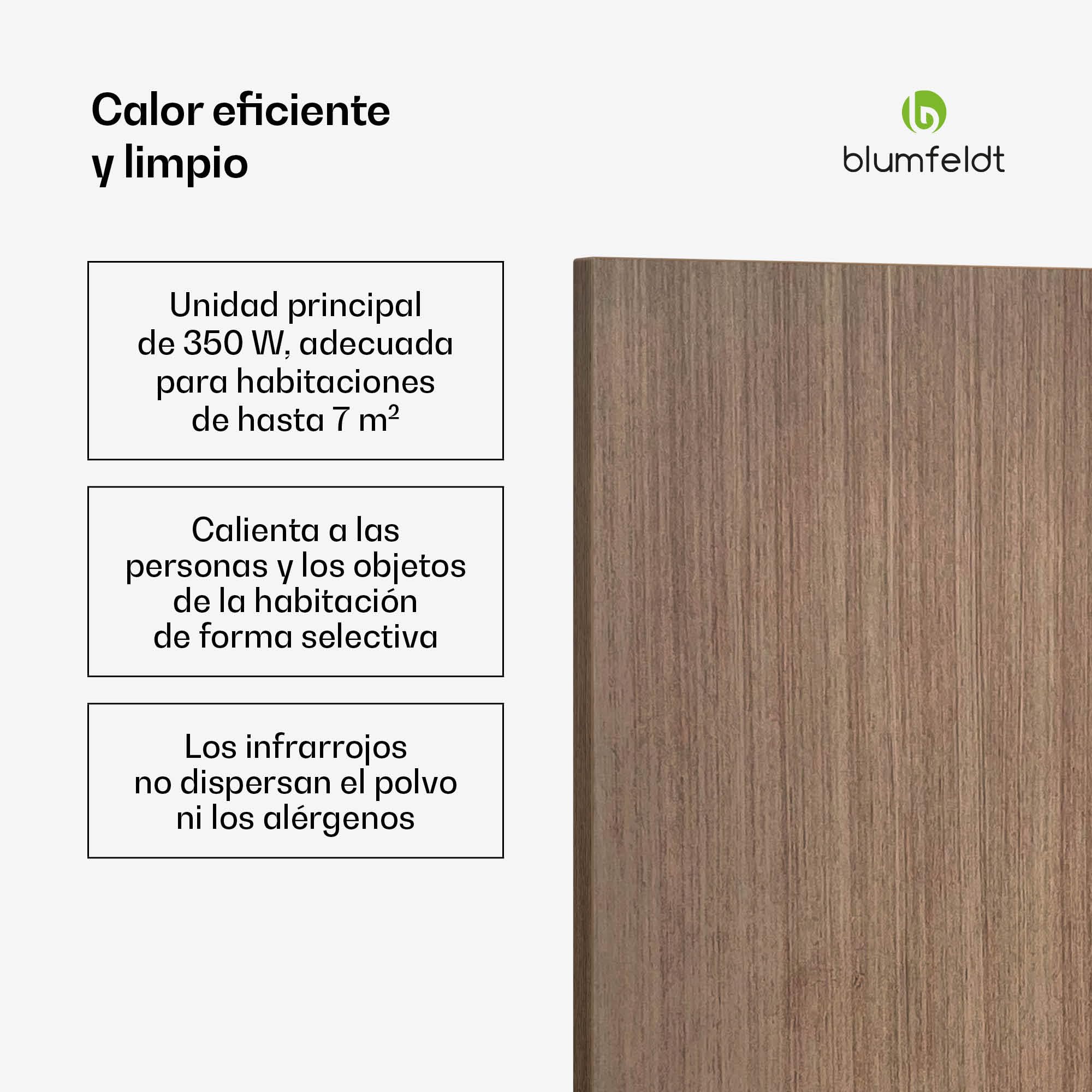 Blumfeldt Calefactor Infrarrojo, 350W – Montaje en Pared, Control Wifi, IP44 para Baños, Termostato Integrado, Detección de Ventanas, Eficiencia Energética 99%, Mando a Distancia, Color Madera
