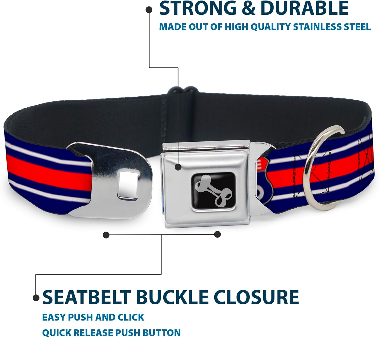 Dog Collar Seatbelt Buckle Route 66 Highway Sign Stripe Blue White Red 11 to 17 Inches 1.0 Inch Wide