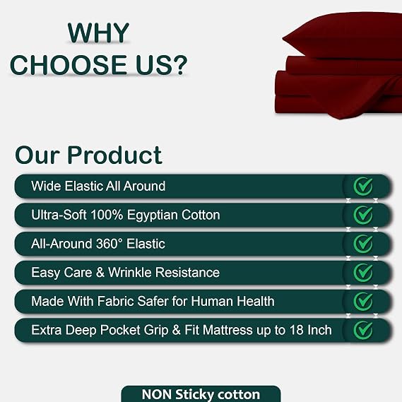 NON Sticky cotton 4 Piece Top Split Queen Sheet Set for Sleep Number Adjustable Bed, 100% Egyptian Cotton Bed Sheets, 28 Flex Head Fitted Sheet, Fits 18 Deep Mattress, 60 x 80, Burgundy Solid