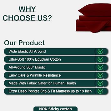 NON Sticky cotton 4 Piece Top Split Queen Sheet Set for Sleep Number Adjustable Bed, 100% Egyptian Cotton Bed Sheets, 28 Flex Head Fitted Sheet, Fits 18 Deep Mattress, 60 x 80, Burgundy Solid