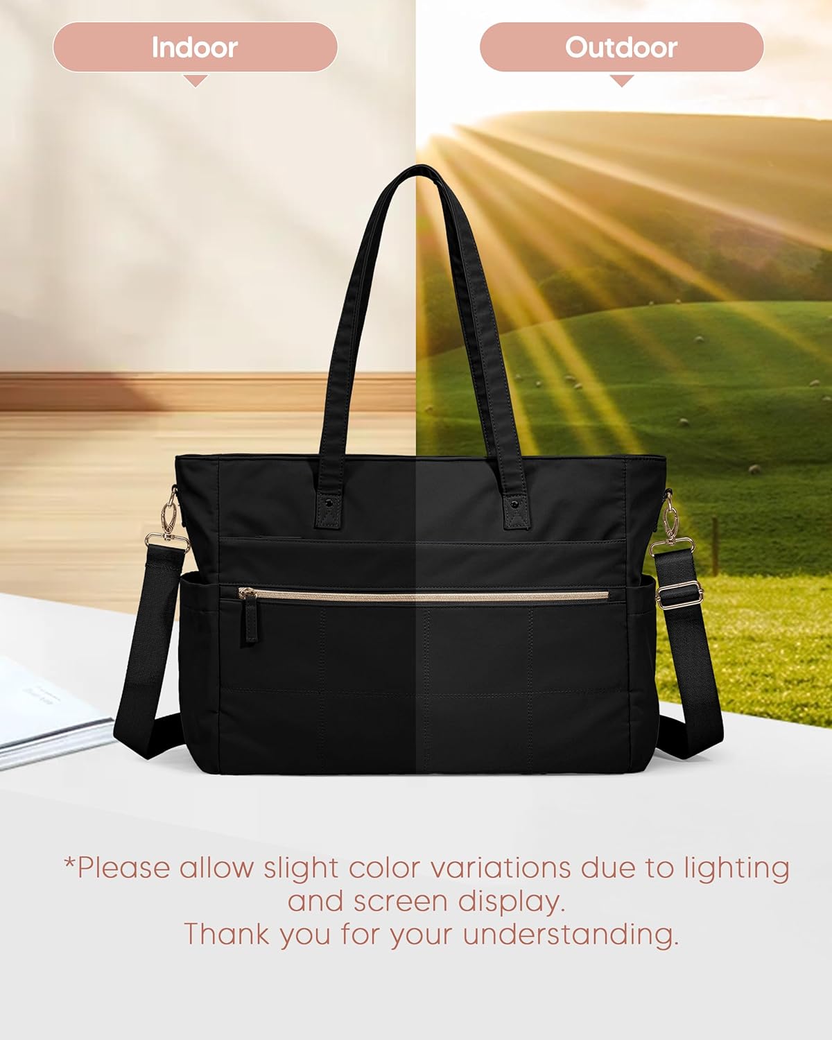 Lunch Tote Bag with Insulated Compartment & 15.6" Laptop Sleeve, Womens 2-in-1 Water-resistant Work Bag for Office with a Purse & Crossbody Strap, Black - Image 8