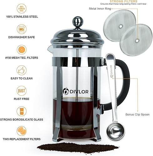 Miniatura 3 de Cafetera de prensa francesa, 34 onzas, 8 tazas, cuchara de clip y 2 filtros adicionales incluidos Divlor