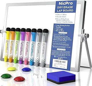 Nicpro Dry Erase Mini Whiteboard A4, 20 x 30 cm Double Sided Small Magnetic Desktop Whiteboard with Stand, 8 Pens, 1 Eraser,4 Magnet, Portable Whiteboard Easel for Kids Students School Supplies Office